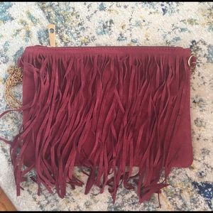Burgundy suede fringe clutch/cross body bag